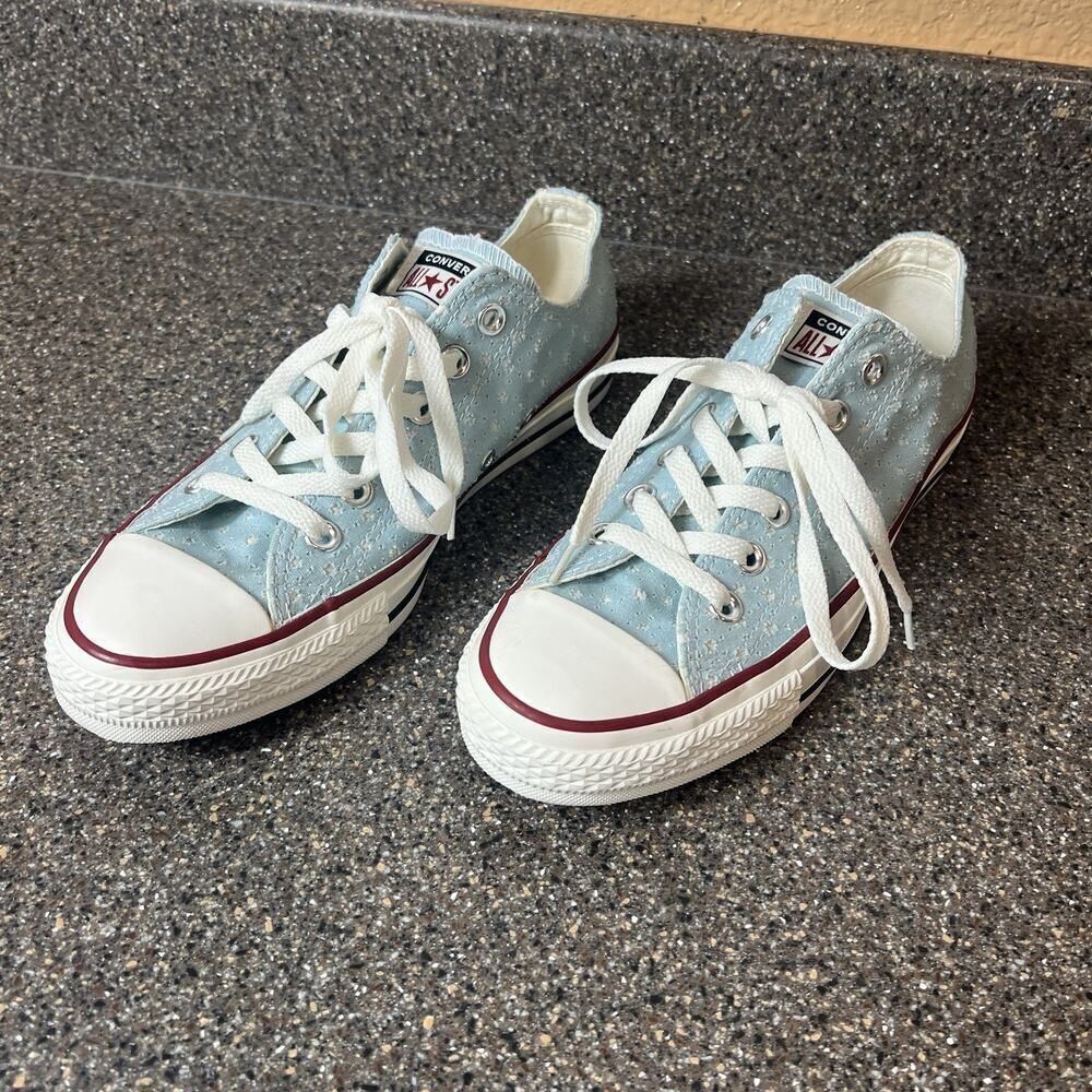 Converse All Star Blue Canvas Shoe Stars Cutout Sneaker Lace Up Womens 8 Low Top - Picture 2 of 11